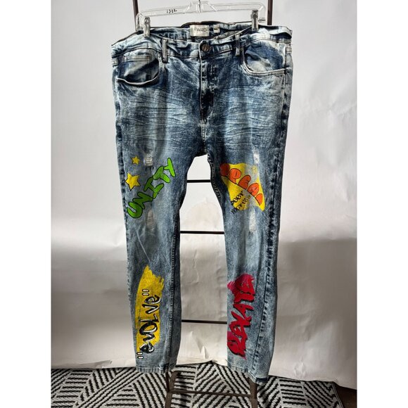 FWRD Denim Distressed Mens Graffiti Jeans Size 42 With Colorful Graphic Details - Picture 1 of 16